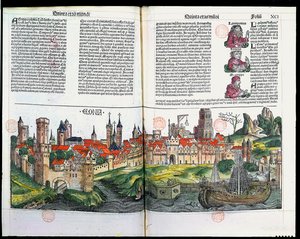 Köln városának kilátása, Hartmann Schedel Nürnbergi Krónikájából, 1493 (színes fametszet) alkotó: German School