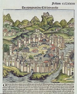 Kilátás Konstantinápoly fallal körülvett városára, Hartmann Schedel (1440-1514) nürnbergi krónikájából, 1493 (fatömb) alkotó: German School