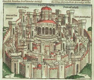 Kilátás Jeruzsálem fallal körülvett városára, Salamon templomával és a városkapukkal, Hartmann Schedel (1440-1514) Nürnbergi Krónikájából, 1493 alkotó: German School
