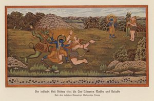Visnu megöli a démonokat, Madhu és Kaitaba (színes litográfia) alkotó: German School