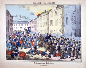 1870-es háború: Wissembourgi elfoglalása (weissenburgi csata) a porosz hadsereg katonái és a franciák között augusztus 4-én alkotó: German School