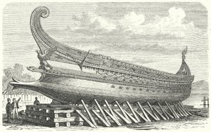 A francia Napóleon által tervezett hadihajó egy ókori római trireme alapján (metszet) alkotó: German School