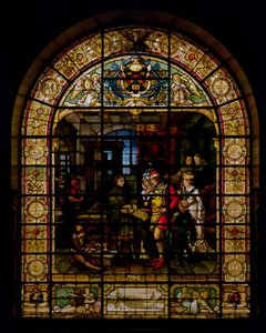 William Caxton 1477-ben mutatja meg első nyomtatott könyvét IV. Edwardnak és feleségének, Elizabeth Woodville-nek, a Mayer and Co., müncheni székhelyű, Londonban működő cég, 1880 körül (ólomüveg ablak)