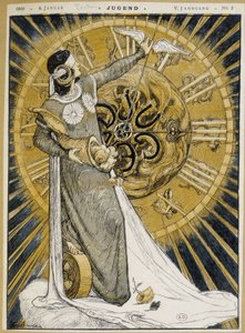 Csíkos szemű nő, aki a bőségszarut tartja, és egy óra mutatóit mozgatja (Szerencse allegóriája) – az 1900.08.01. „Jugend” című filmben alkotó: German School