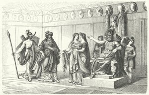 Wotan fogadja a Bragi, a költészet és a dal istene által bemutatott zenészeket (metszet) alkotó: German School
