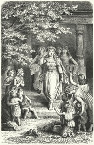 Fiatal német nők koszorúkat viselő Eostre (Ostara) fesztivál ünneplésére (metszet) alkotó: German School