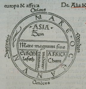 f.177v T-in-O térkép magasnyomásos helynevekkel, Sevillai Izidortól, Liber Etimologiarvm