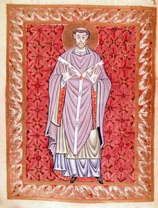 Lyoni Szent Nizier (513-573) ábrázolása (Nicet, Nicetius vagy Nicetus) Az Egbert-kódex miniatúrája (Codex Egberti) a Reichenau iskola által, 980 körül alkotó: German School
