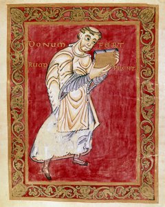 Ruodprecht szerzetes elviszi a kéziratot Egbert de Treves ívéhez (977-993) A Reichenau iskola Egbert-kódexének miniatúrája (Codex Egberti). Cividale del Friuli, Museo Archeologico vagy Cathedrale de Cividale alkotó: German School