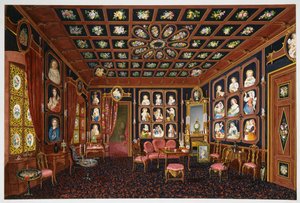 Beszélgető szalon a Villa Lazarovichban, Habsburg Maximilian (1832-1867) trieszti rezidenciája, Germano Prosdocimi tempera alkotó: Germano Prosdocimi