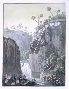 Felfedezők Humboldt expedíciójával a mexikói Regla bazaltszikláiban, Jules Ferrario „Le Costume Ancien et Moderne” 60. táblája, az 1820-as és 30-as évek körül megjelent