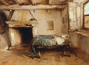 Rusztikus belső tér, Gerolamo Induno (1825-1890), olaj, fa, 27,5 x 37,7 cm. alkotó: Gerolamo Induno