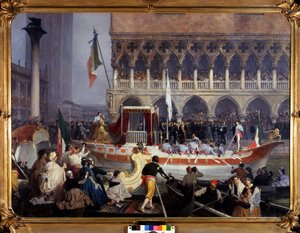 Vittorio Emanuele II (Victor Emmanuel) (1820-1878) főétele Velencében. Gerolamo (Girolamo) Induno (1827-1890) festménye. A Risorgimento Milánói Múzeum