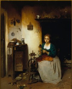 Fiatal nő fonja gyapjút, arckifejezése szomorú, belseje nyomorult. Gerolamo (Girolamo) Induno (1825-1890) festménye Dim. 65x52 cm Genes Nervi, Galleria d