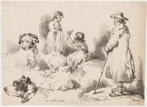 Tanulmányok gyerekekről: Két kislány, két kutya, egy férfi, 1793. alkotó: Gerrard Street J. Harris Soho
