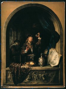 Az orvos egy idős nő vizeletmintáját vizsgálja. alkotó: Gerrit Dou