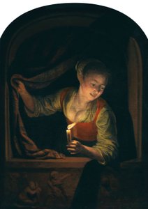Holland: Fiatal nő gyertyával az ablaknál alkotó: Gerrit Dou