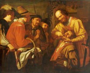 Egy fogat húzó hájas fogorvos, miközben egy csoport bámészkodó figyel a közelben alkotó: Gerrit van Honthorst