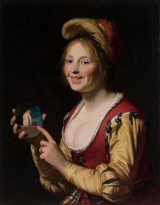 Mosolygó lány, udvarhölgy, obszcén képpel a kezében alkotó: Gerrit van Honthorst