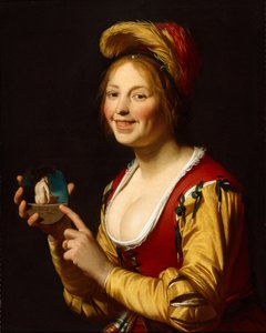 Mosolygó lány, kurtizán, kezében obszcén képpel alkotó: Gerrit van Honthorst