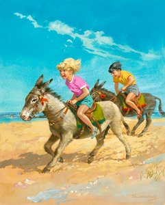 Fiú és lány szamárháton lovagol a tengerparton