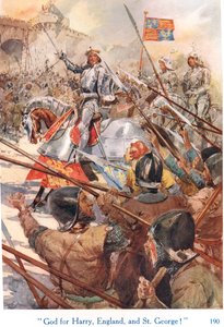 „Isten Harryért, Angliáért és Szent Györgyért!”, illusztráció a „Shakespeare-történetek az angol királyokról” című kötetből, kiadó: George Harrap & Son