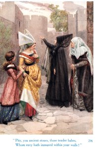 „Sajnálom, ósdi kövek, azok a gyengéd csajok, akiket az irigység beszippantott a falatok közé!”, illusztráció a „Shakespeare-történetek az angol királyokról” című kötetből, amelyet George Harrap & Son adott ki.