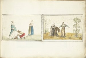Cipőt kötő Úr és köpenyt jelző remete alkotó: Gesina ter Borch