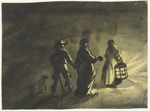 Éjszakai darab: egy lámpás nő mögött sétáló pár, hátulról