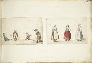 Négy gyerek végzi a dolgát és három nő áll alkotó: Gesina ter Borch