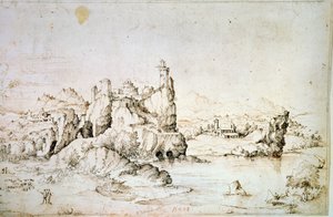 Kastély egy sziklán hegyi tájon, 1540. alkotó: Gherado Cibo