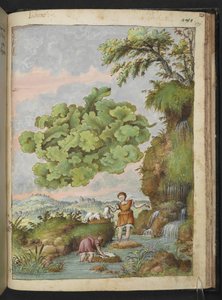 Lichen és két nő, aki ruhát vagy prémet mos a medencében, Gherardo Cibo "Festmények a római államok növényvilágáról", Add MS 22333, f171r, c.1564-84 (akvarell és gouache papíron)
