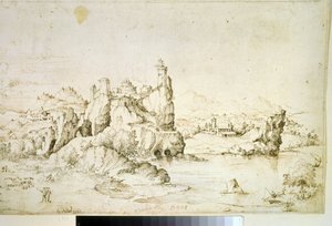 ""A Castle on a Rock in Mountainscape" (A Castle on a Rock in Mountainscape) Barna tusrajz, Gherardo Cibo (1512-1600) 1540 Puskin Múzeum, Moszkva alkotó: Gherardo Cibo
