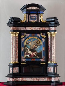 Óra Szent Jeromos hallásáról az utolsó ítélet trombitájánál Giacinto Brandi festménye (1621-1691) Giuseppe Campani szerkezete és mechanizmusa - 17. század Mérete 128x100x44 cm Genes musei di strada nuova