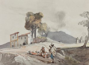 Pásztorok a Vezúval a távolban, Borbone-tanuló kiegészítéseivel (ceruza, wc és gouache papíron) alkotó: Giacinto Gigante