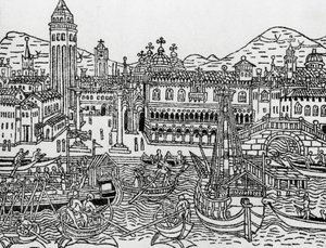 Velence látképe a 15. században, Olaszország, fametszet, Giacomo Filippo Foresti (1434-1520) Supplementum chronicarumból alkotó: Giacomo Filippo Foresti
