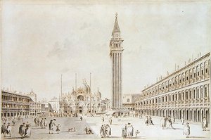 Kilátás a Piazza San Marco-ra, kilátással a Bazilikára és a Campanile-ra (toll és tinta mosással papíron)