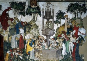 A fiatalság forrása. Részlet: érkezők és a szökőkútban fürdőző emberek. 1418-30
