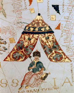 Részlet Giacomo de Maggiolo térképész Soliman (Szulejmán) szultánt ábrázoló térképéről, azt mondtam, a csodálatos (1520-1566) „a nagy török”-nek nevezett. Miniatűr. Tengerészeti Múzeum, Genes