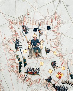 A spanyol király, valamint Európa és Észak-Afrika partjainak ábrázolása (portulán