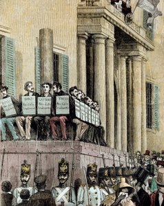 Risorgimento: „” a Giovine Italia mozgalom tagjai (köztük Carlo Cattaneo (1801-1869), Tinelli, Danzi, Bussi) a milánói Igazságügyi Palota előtt ülve hallgatják az őket 1848-ban száműzetésre ítélő ítéletet”” 1884 Manteg litográfiája