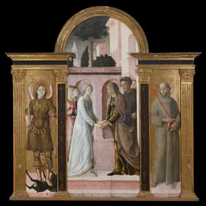 Triptichon: Látogatás, Szent Mihály és Szent Ferenc között (festmény fára) alkotó: Giacomo Pacchiarotti