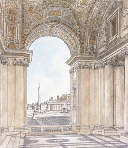 Kilátás a Piazza San Pietro-ra, Rómában délre nézve a Bazilika portikójából, 1779 előtt