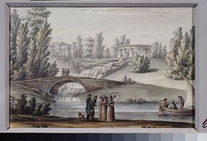 Apolló temploma és a vízesés a Pavlovsk Parkban (Szentpétervár). Giacomo Antonio Domenico Quarenghi (1744-1817) munkája, tus és akvarell papíron, 1800 körül. Olasz művészet