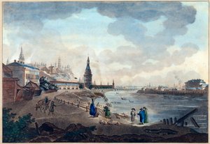 Kilátás a moszkvai Kremlre a Moszkva feletti kőhídról (Moskva vagy Moskwa). Giacomo Antonio Domenico Quarenghi (1744-1817) alkotása, akvarell és tus papírra, 1790 körül. Olasz művészet
