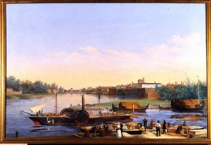 Kilátás a Pó-parti Pavia (Pavia) kikötőjére és a Principessa Clementina gőzhajóra””””” Giacomo Trecourt (1812-1882) festménye XIX.