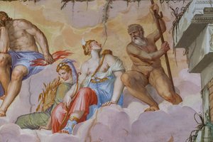 Ceres (a szüret istennője egy köteggel) és Diana (az íjászat istennője), az Olimposz szobájának részlete, 1557 körül (freskó)