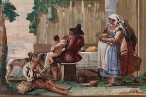 Parasztcsalád az asztalnál, a rusztikus jelenetek szobájából, a Foresteriában (Vendégház) 1757 (freskó)