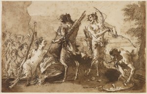Szatírok és szatírnők egy tájban, 1770 körül (toll és vas epefesték, barna és szürkés foltokkal fektetett papíron) alkotó: Giovanni Domenico Tiepolo