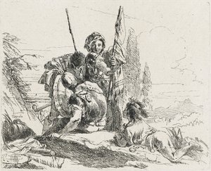 Három katona és egy fiú, 1749 alkotó: Giovanni Domenico Tiepolo